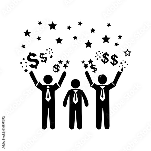 Colleagues celebrating success with money silhouettes reflecting financial gains and prosperity