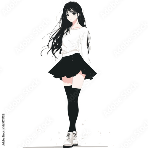 Anime Style Girl In School Uniform Vector Illustration Full Body Shot On White Background