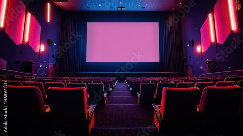 Empty cinema auditorium, pink screen, movie night