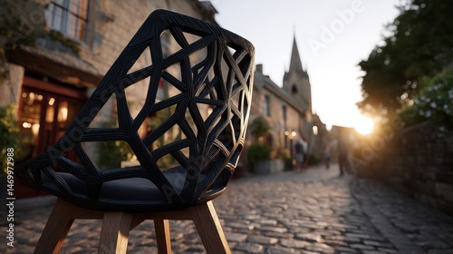 Modern Black Chair Back with Wooden Legs in European Village Setting at Sunset