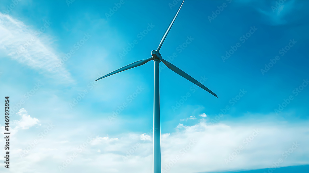 A wind turbine spins against a vibrant blue sky and scattered clouds. A wind turbine spins against a vibrant blue sky and scattered clouds.