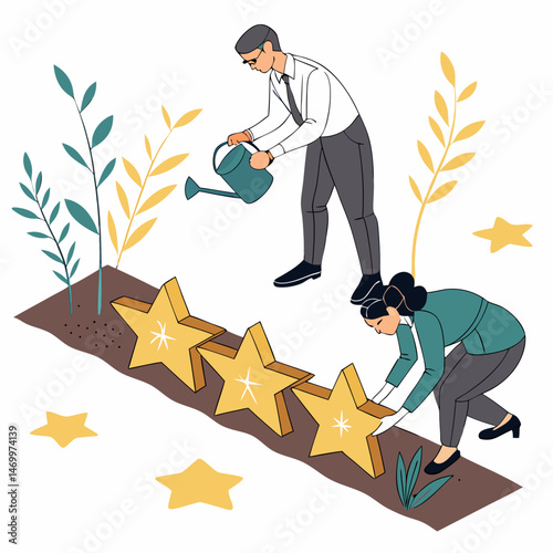 Team nurturing stars representing customer satisfaction and excellent ratings in illustration.