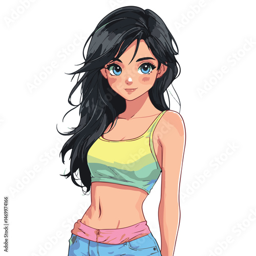 Attractive Anime Girl In Casual Summer Outfit With Wavy Black Hair And Big Blue Eyes