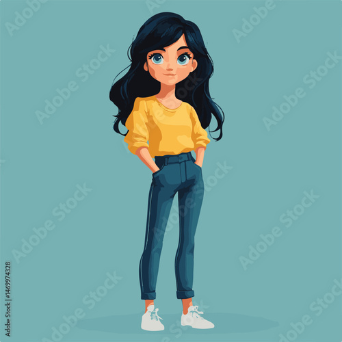 Stylish Cartoon Woman Full Body Illustration With Blue Eyes In Casual Outfit On Isolated Background