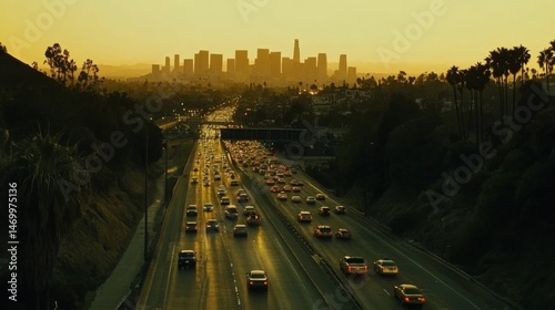 Busy freeway overpass with multiple lanes of traffic at a standstill, surrounded by city lights during the early evening.