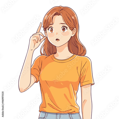 Anime Girl With Auburn Hair Ponders A Problem In Orange Tshirt And Jeans Cute Illustration