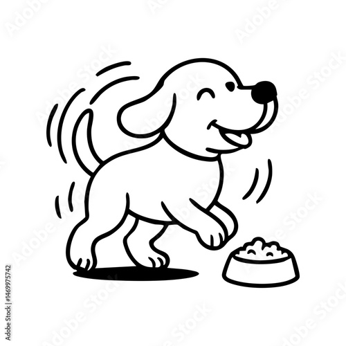 A dog twirling in circles near a food bowl, tail spinning like a propeller, drawn with joyful motion lines.