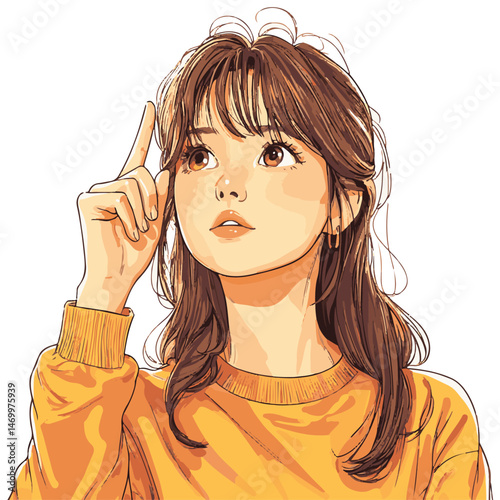 Young Anime Girl With Brown Hair Raising A Finger In Realization Vector Illustration