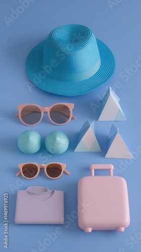 Arafed hat, sunglasses, and suitcase arranged on a vibrant blue surface, perfect for travel themes.