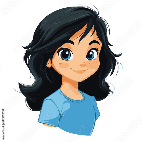 Cute Cartoon Girl With Blue Eyes And Black Hair In A Simple Style Illustration