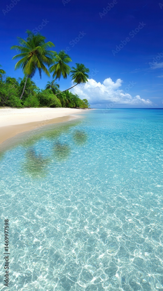 Fototapeta premium White sandy beach with green palm trees under a clear blue sky, tropical coastal landscape in daylight.