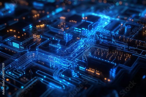 Futuristic digital circuit board with glowing blue lines and data flow, advanced technology and innovation concept in cyber environment