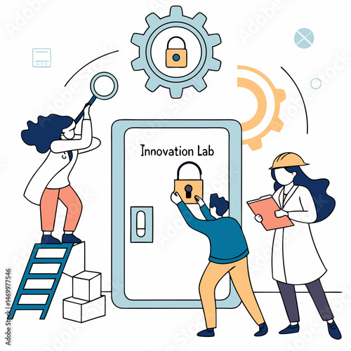 Team securing the innovation lab with lock and key in modern illustration