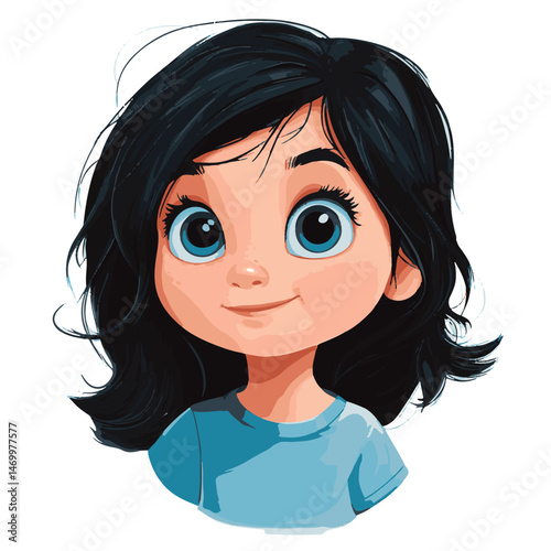 Cute Cartoon Girl Portrait With Big Blue Eyes And Black Hair Digital Illustration Style For Design Elements