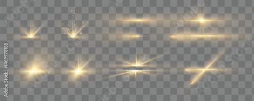 A set of various yellow flashes of light, as well as stars, bright dust and rays of light. Flying star effect.