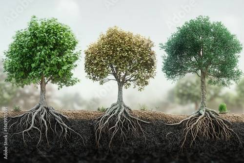 Variety of detailed tree models with visible root systems isolated on white background, concept of growth, stability, and natural structure