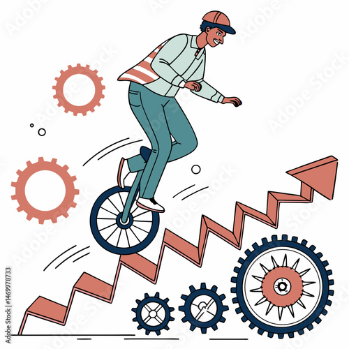 Achieving business success: a person riding a unicycle towards growth with gears