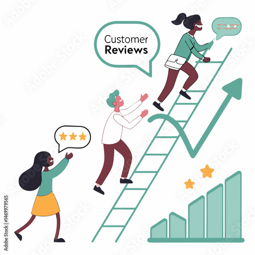 Customer reviews drive business growth depicted by people climbing ladder to success.