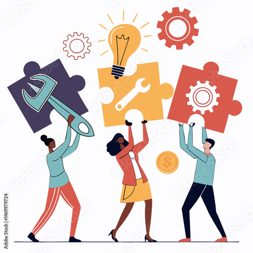 Teamwork building innovation connecting pieces of the puzzle to create success