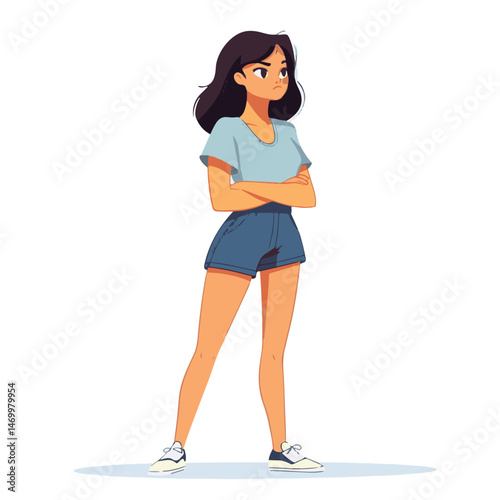 Cartoon Girl With Crossed Arms And Serious Expression In Casual Summer Outfit Vector Illustration