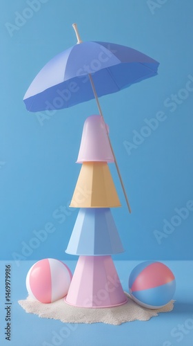 Blue umbrella and pink-blue beach ball on sandy beach under bright daylight.