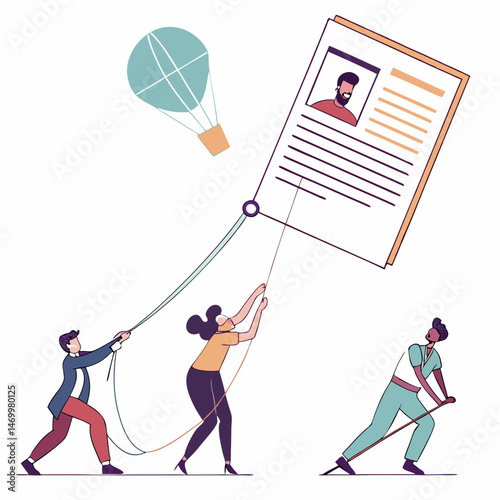 Teamwork lifting a resume document towards success with a hot air balloon