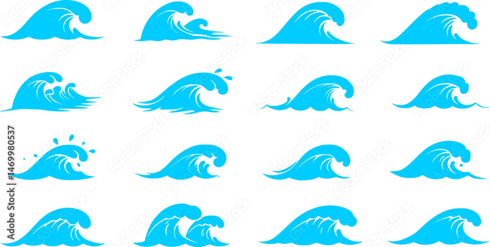 Fototapeta premium Water wave black silhouette icons vector set 