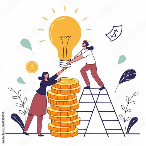 Collaborative financial investment idea and growth illustrated with flat design on transparency
