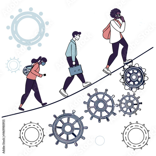 Illustration depicting people wearing masks navigating the challenges ahead during a pandemic.