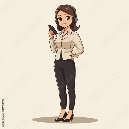 Cartoon Woman With Headphones And Phone In Professional Attire Standing Confidently