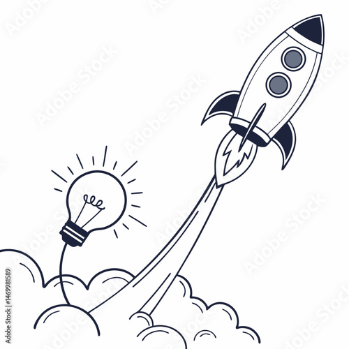 Launching ideas concept with rocket ship and light bulb illustration on white