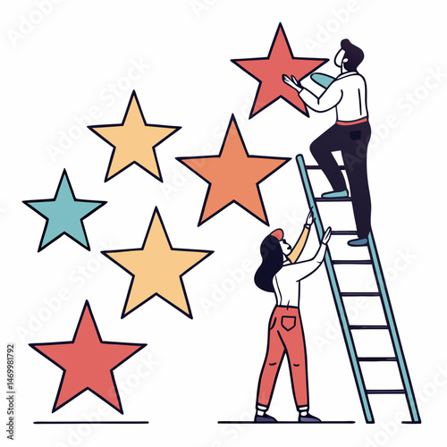 Achieving goals teamwork concept illustrated with people placing stars on a white background