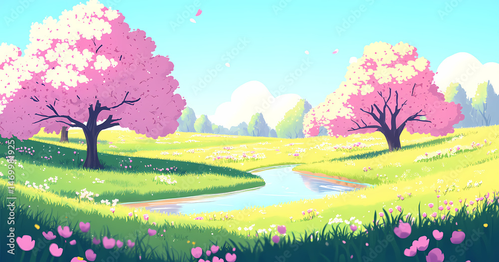 Fototapeta premium Springtime Meadow with Cherry Blossoms