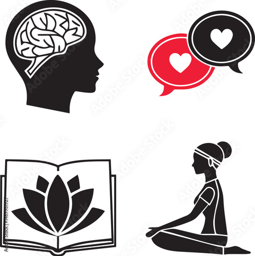 Head with Brain Mental Health Icon Set