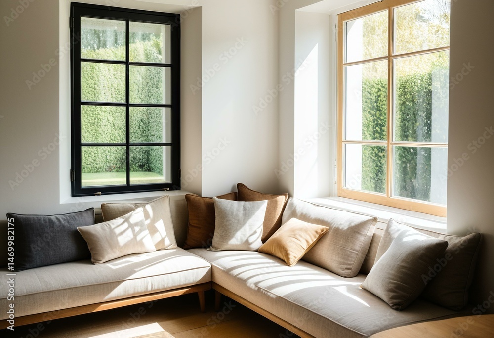 Fototapeta premium A living room with a couch and two windows.