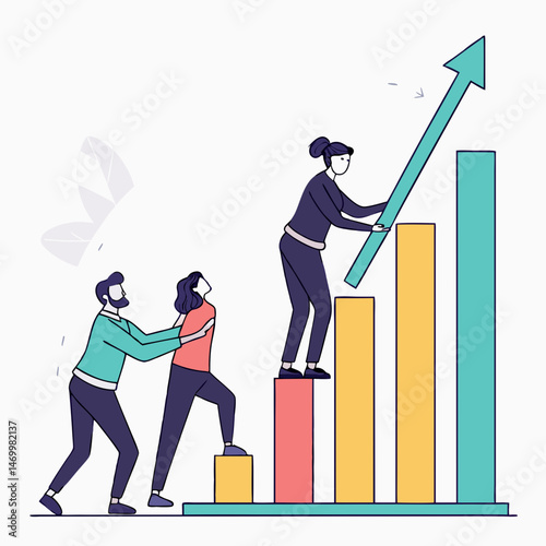 Teamwork supporting business growth with colorful bar chart and arrow graphic