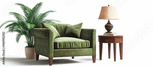 Green armchair, wooden side table with lamp and potted plant isolated on a white background, 3D rendering.