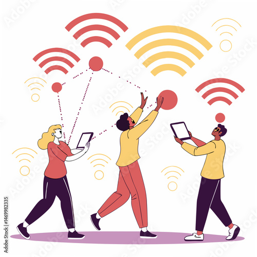 Connected people sharing data and wireless network on a transparent background