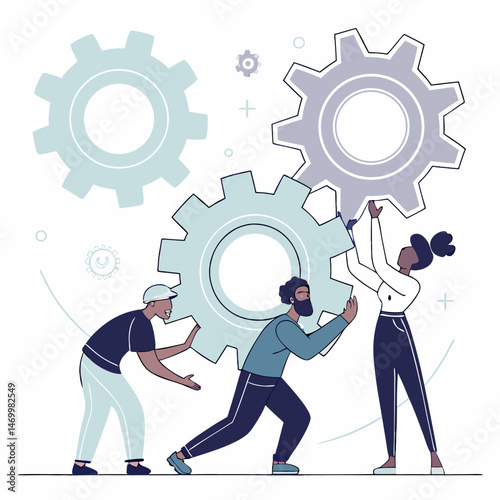 Teamwork and collaboration concept illustration of workers assembling gear wheels