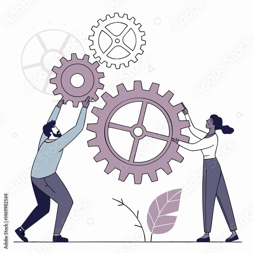 Teamwork and collaboration conceptual illustration of two people assembling gear wheels together