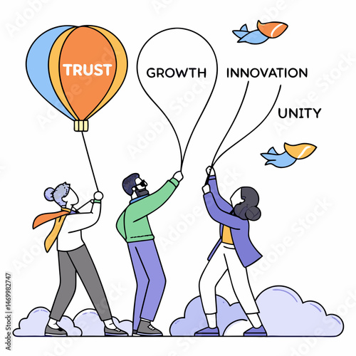 Collaborative team achieving success through trust growth innovation and unity