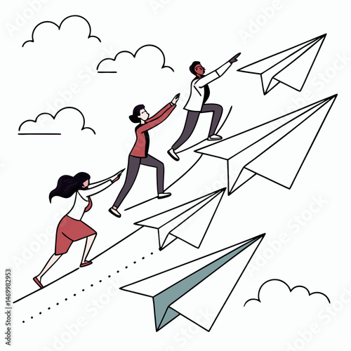 Diverse team effort climbing upward on paper airplanes towards success in business