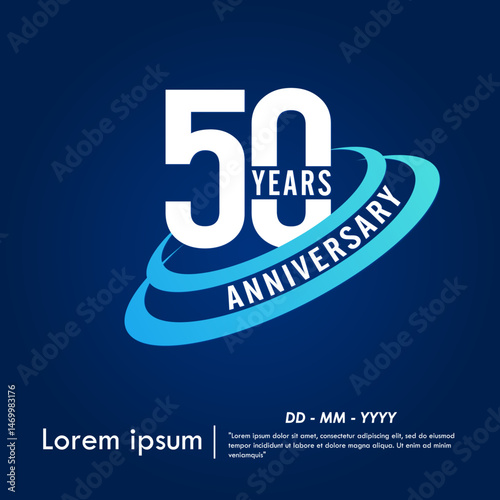 50th years anniversary celebration emblem. elegant anniversary logo isolated with blue oval ring on dark blue background. vector illustration template design for web, flyers, poster, greeting card