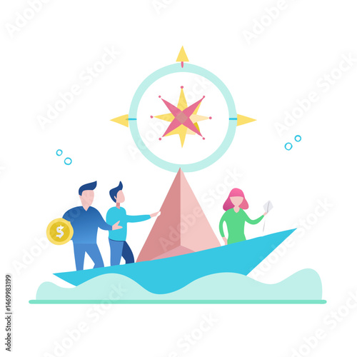 Business team navigating success guided by compass navigation and directional expertise