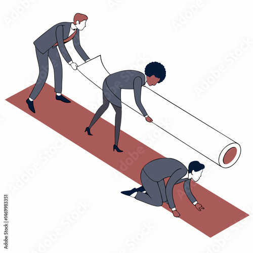 Business people unrolling a red carpet symbolizing progress and achievement