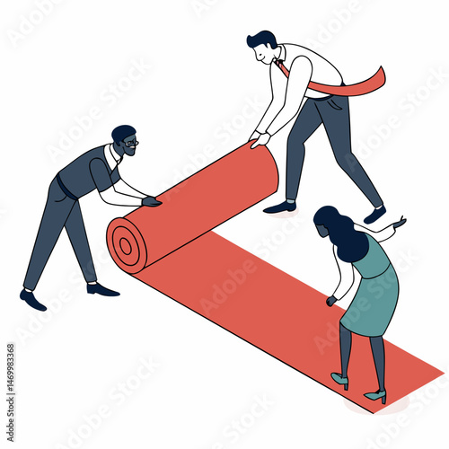 Team rolling out a red carpet preparing for an important event or occasion