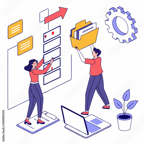 Business team collaboration and file management in isometric modern illustration