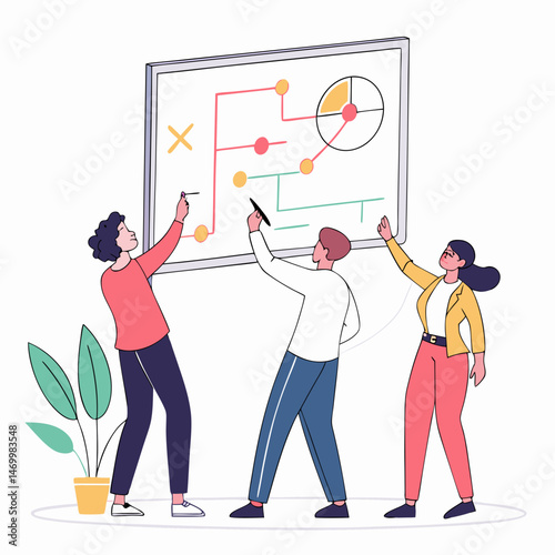 Team members collaborating on a project flowchart diagram on whiteboard