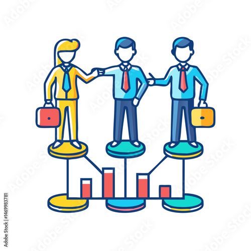 Business professionals collaborating with data chart representation in a modern style
