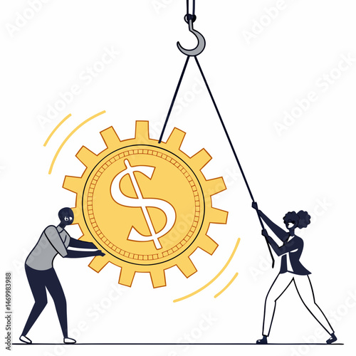 Teamwork lifting a gear shaped dollar sign symbolizing financial success